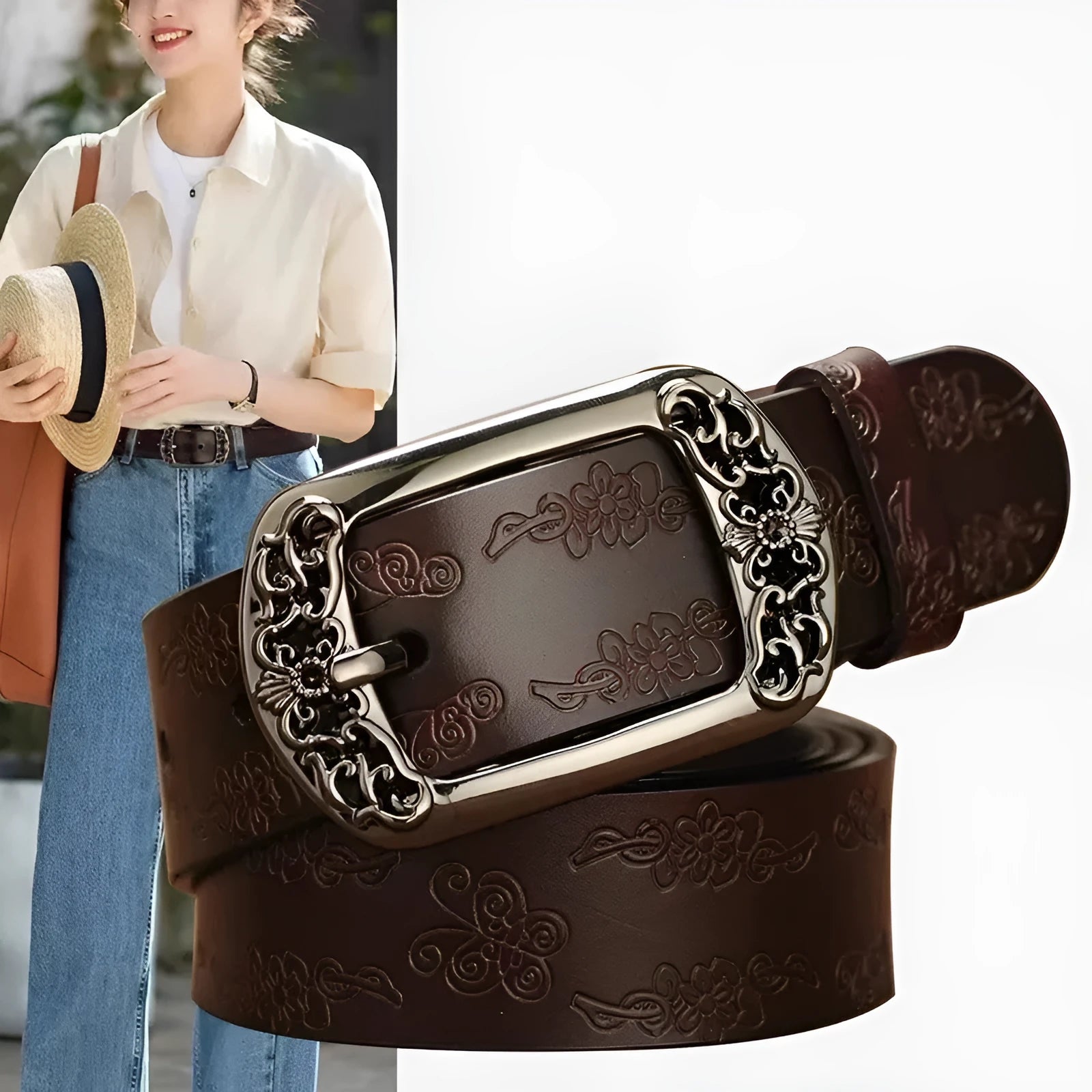 Thin black women's PU leather jeans belt with an alloy double-buckle fastening.