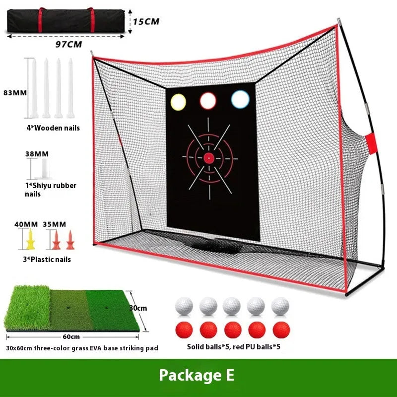 Golf swing wedge training net with 3-hole design, straw mat, and practice balls
