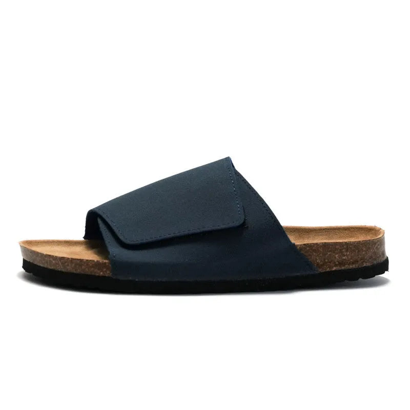 Men's retro platform slippers, frosted artificial PU upper, rubber sole, in camel colour, side view