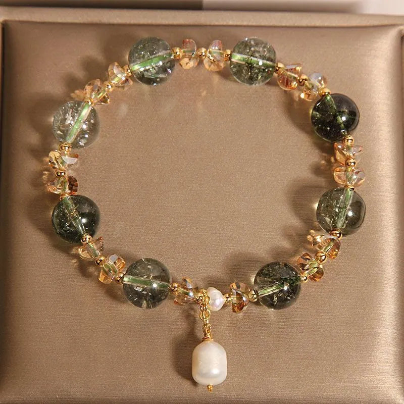 Women's green phantom quartz crystal bracelet with champagne crystals and pearl accents in Japanese-Korean style