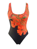 Orange flowers printed backless one-piece swimsuit in slim fit for swimming sports