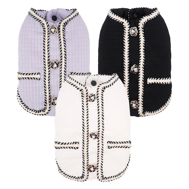 Quilted polyester dog coat in light purple with cartoon design for autumn and winter warmth