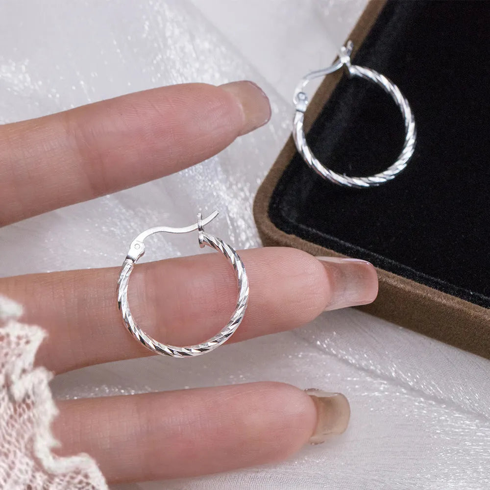 925 silver geometric round clip-on earrings with carved ring design for women Korean style