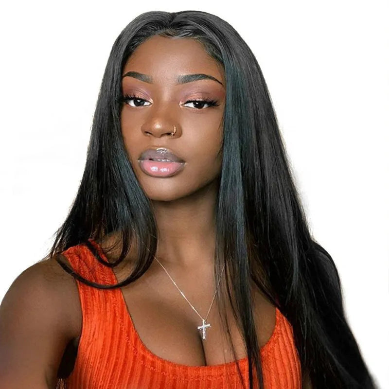 Long straight black synthetic wig with centre-parted bangs on a model