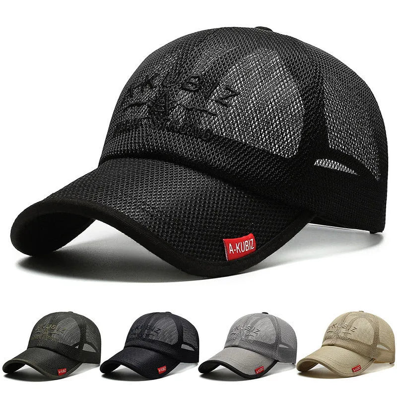 Men's adjustable mesh baseball cap in army green colour showing dome crown style.