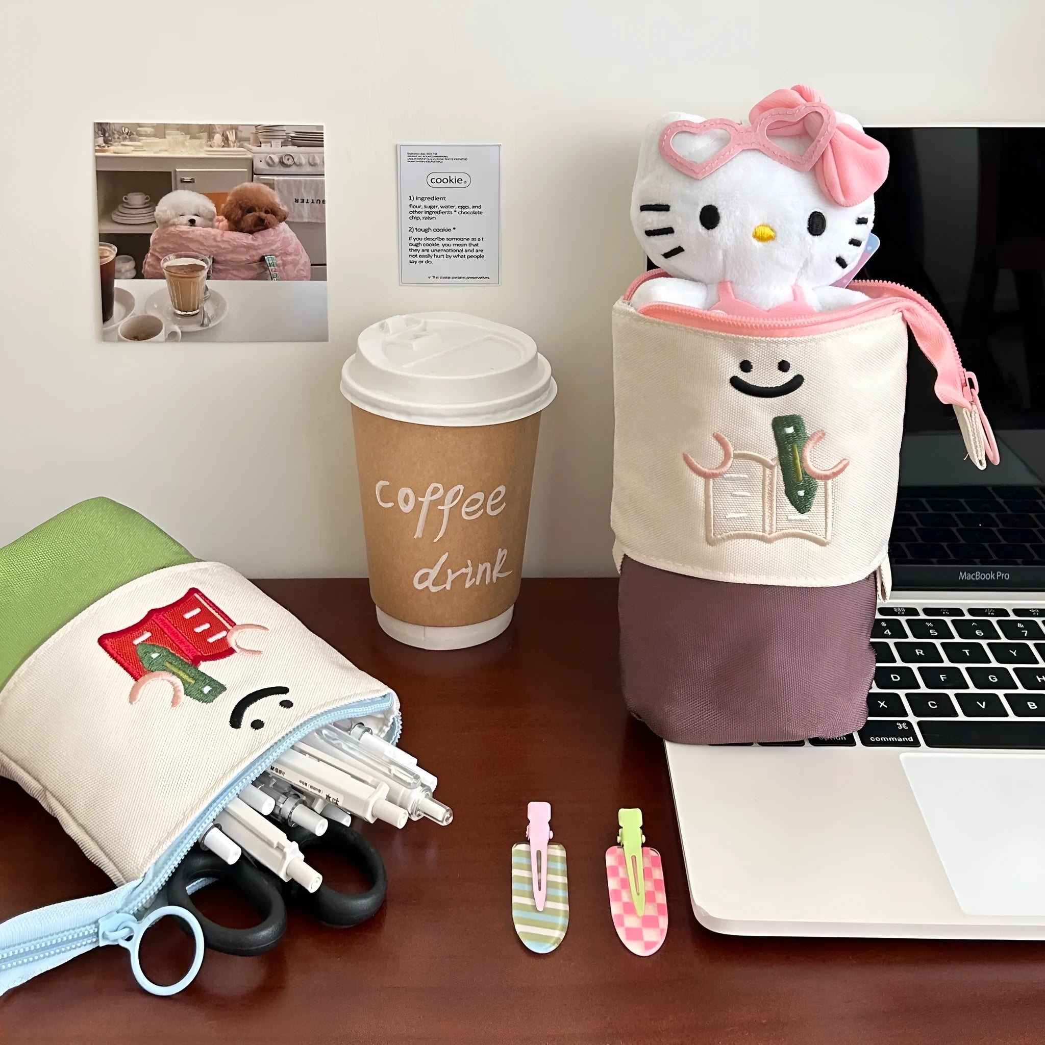 Brown and green Korean-style collapsible Oxford fabric pencil case showing 17cm by 14cm size.