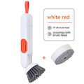 White and red long-handle kitchen brush with liquid dispenser button and two spare brush heads