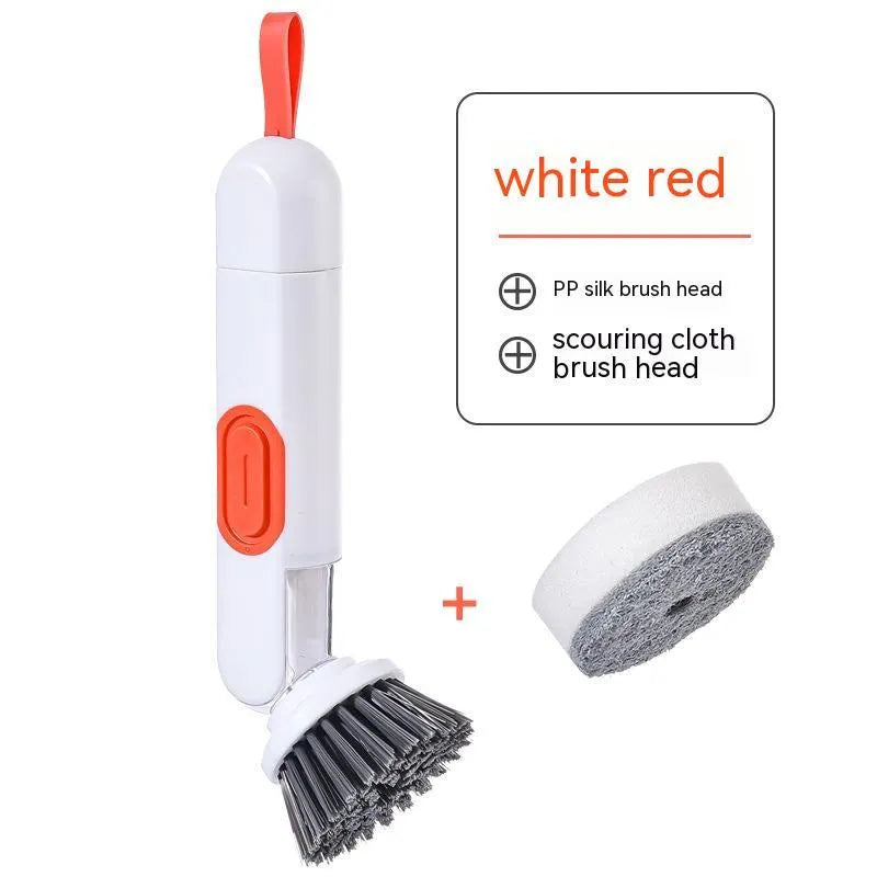 White and red long-handle kitchen brush with liquid dispenser button and two spare brush heads