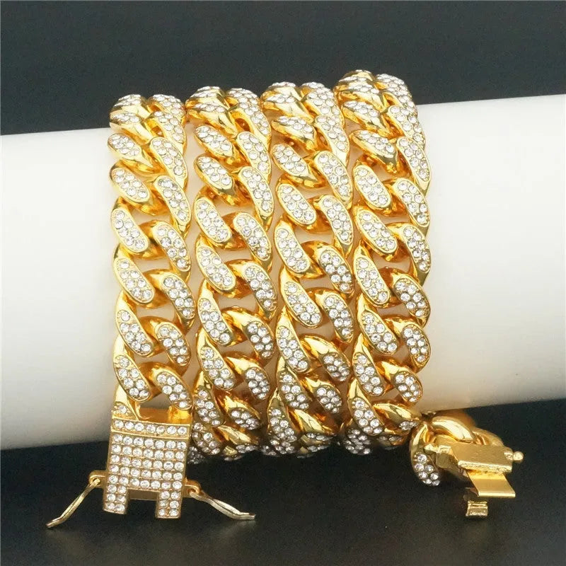 Hip hop pet collar in gold with alloy finish and 12.5cm width on a dog