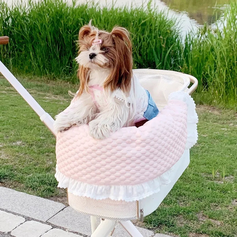 Pure cotton pet stroller cushion set showing removable towel, cushion, and pillow in floral pattern