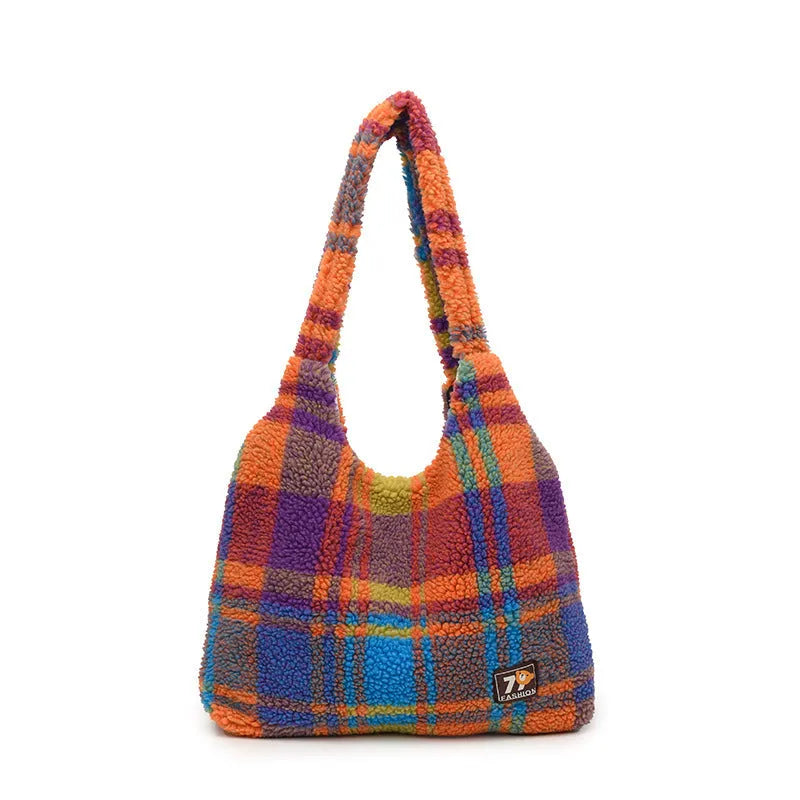 Women's plaid crossbody tote bag in soft plush material with large capacity and zipper organiser