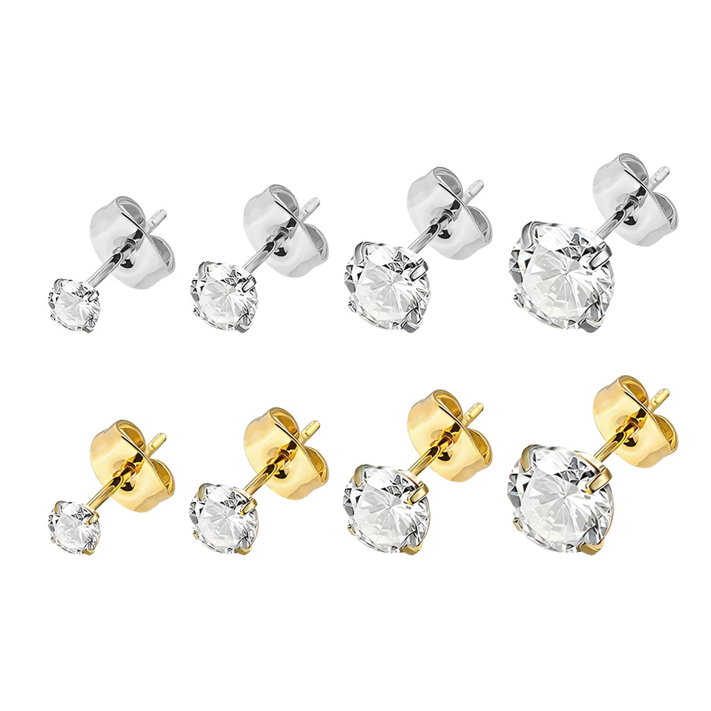 Geometric square stainless steel stud earrings with round zircon stones in gold and steel colour finishes