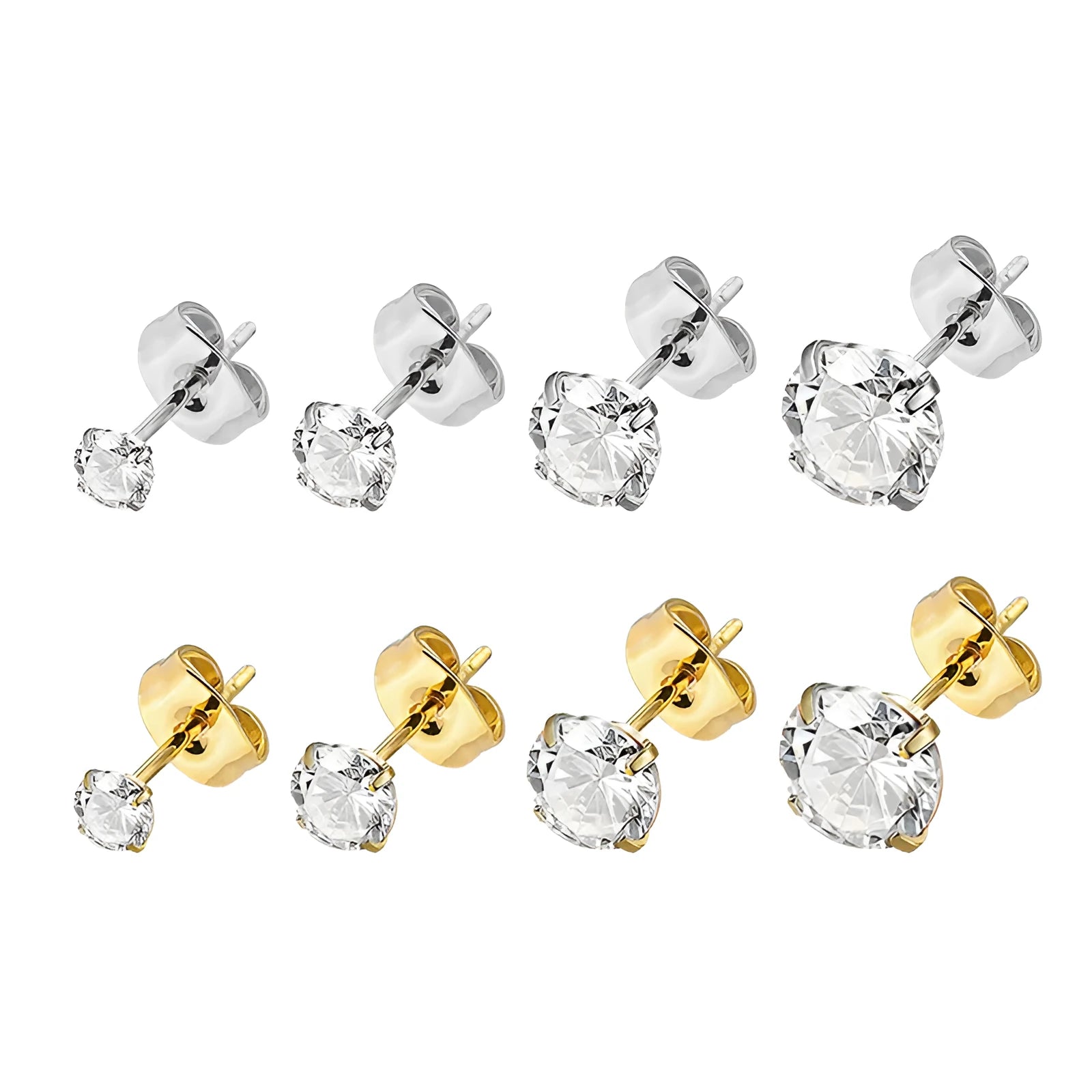 Geometric square stainless steel stud earrings with round zircon stones in gold and steel colour finishes