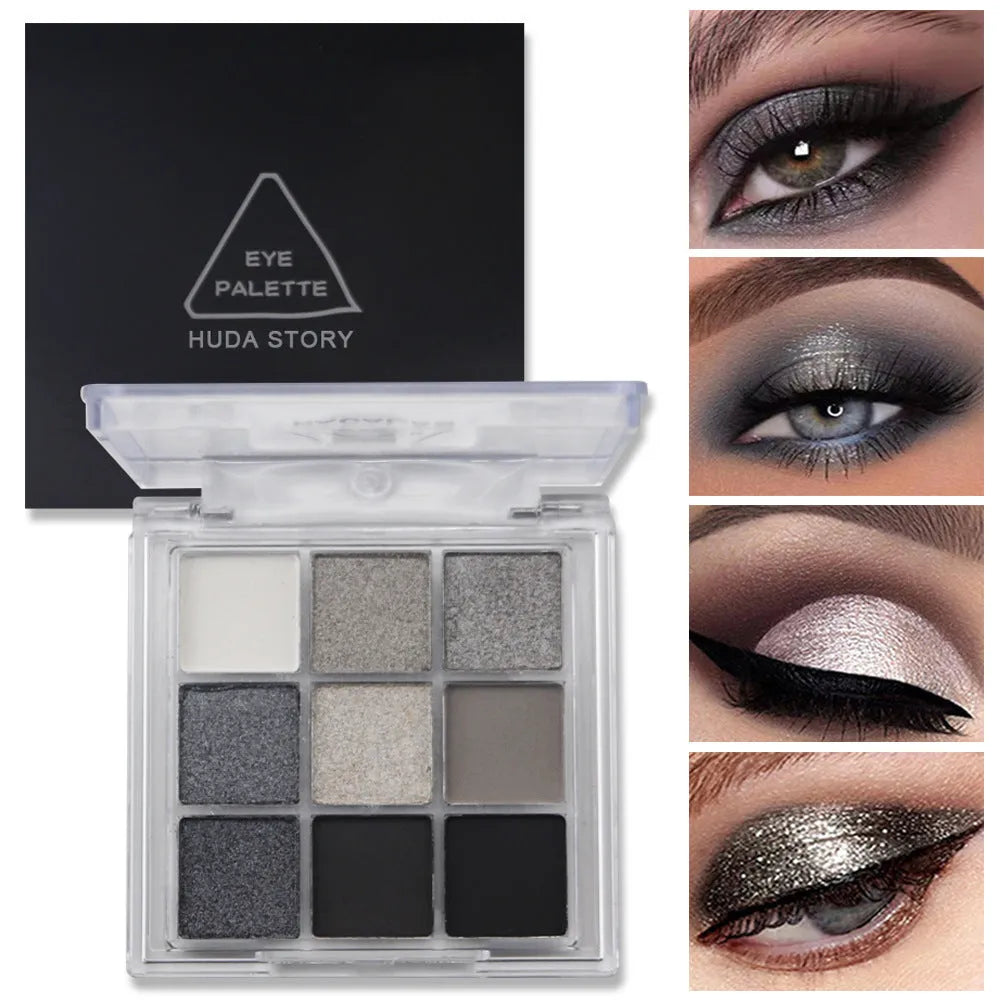 Smoked nine-colour eye shadow palette showing white, silver, black, and iron grey shades.