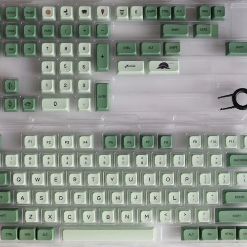 124-key Matcha green PBT keycap set for a mechanical keyboard, showing multiple language layout options.