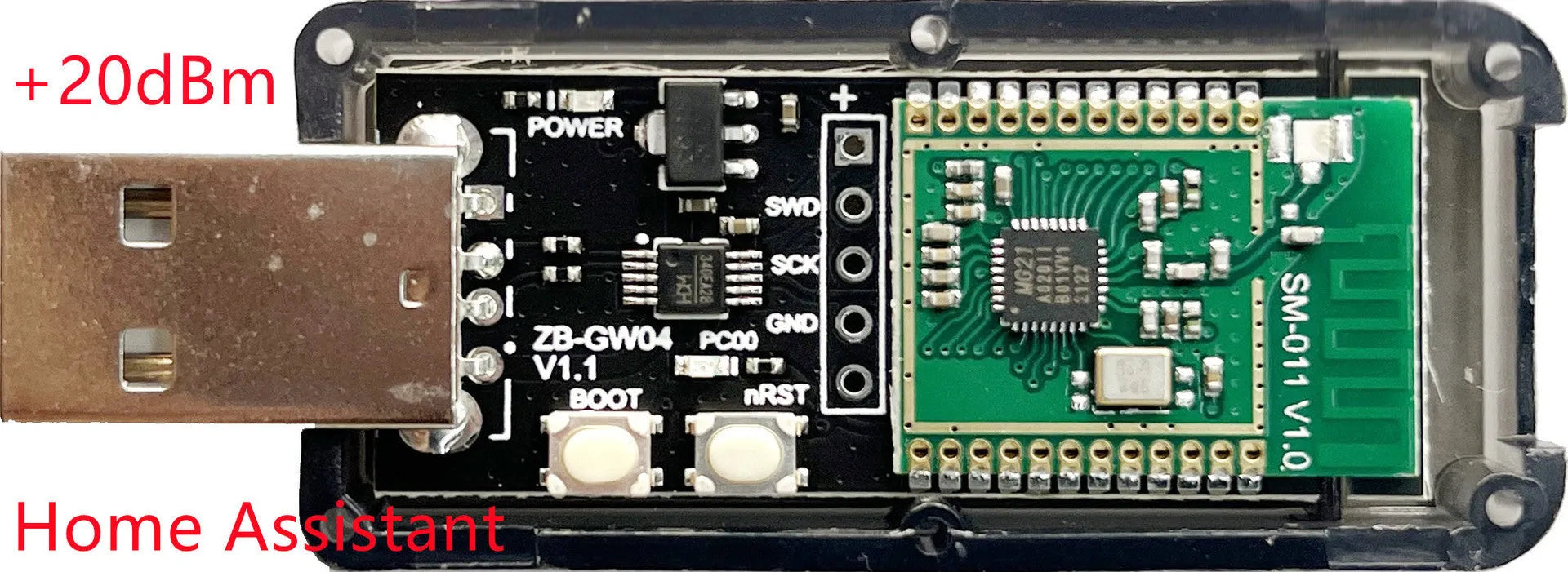 Silicon Labs EFR32MG21 Zigbee USB dongle in plastic housing for smart home automation