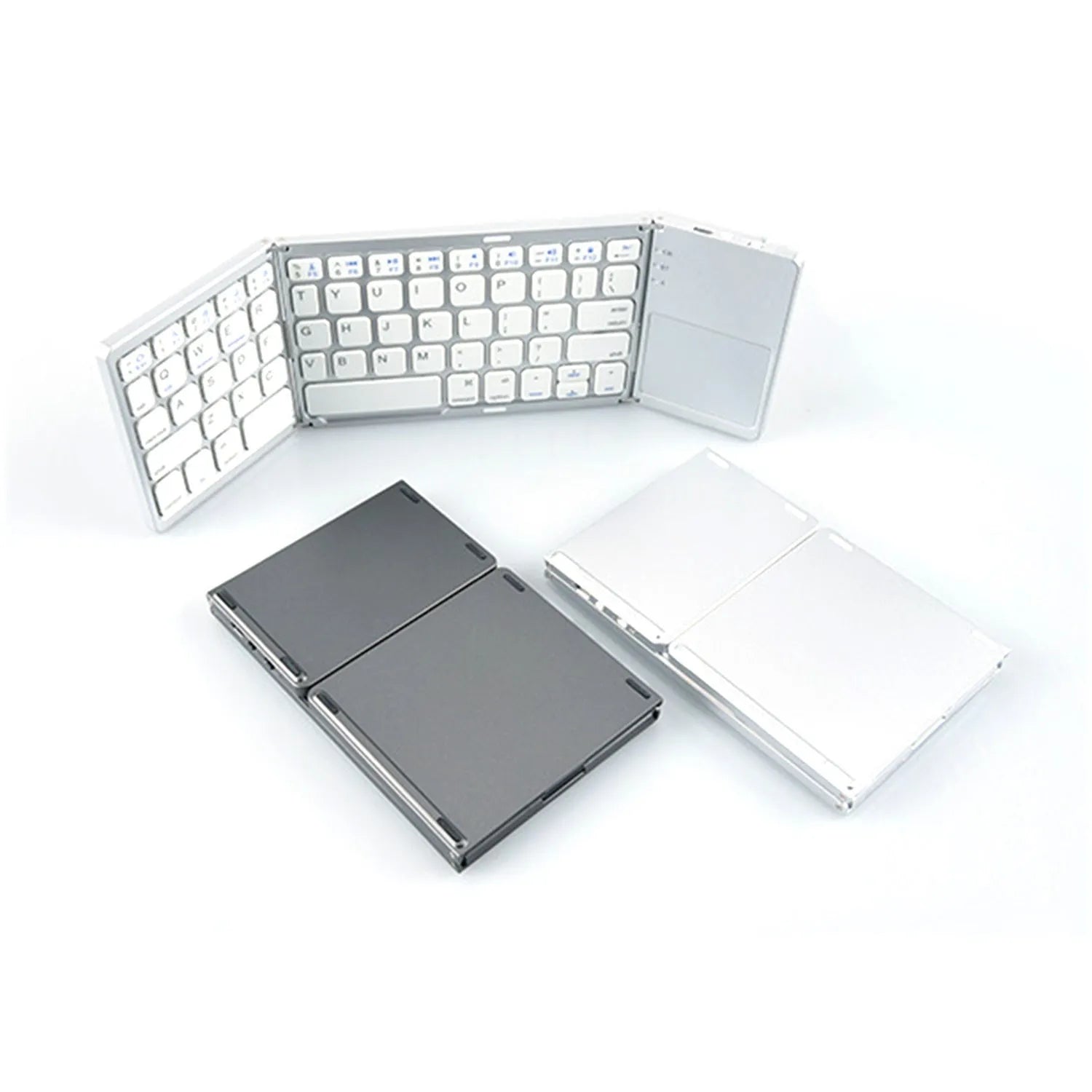 Mini tri-fold Bluetooth keyboard shown unfolded and folded, in black and silver colours