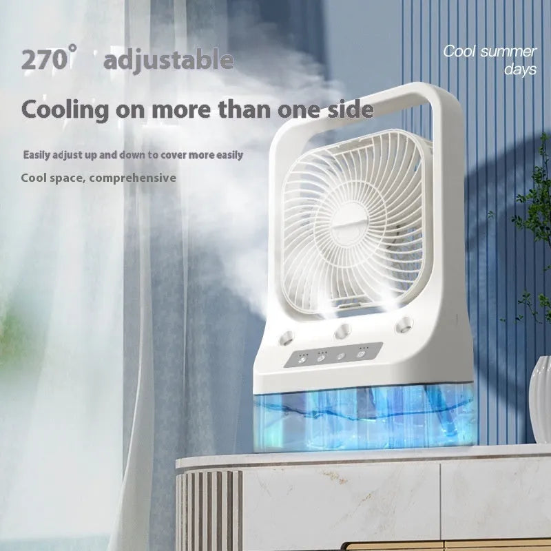 White household cooling fan with USB-C charging port, adjustable head, water tank, and colourful night lights