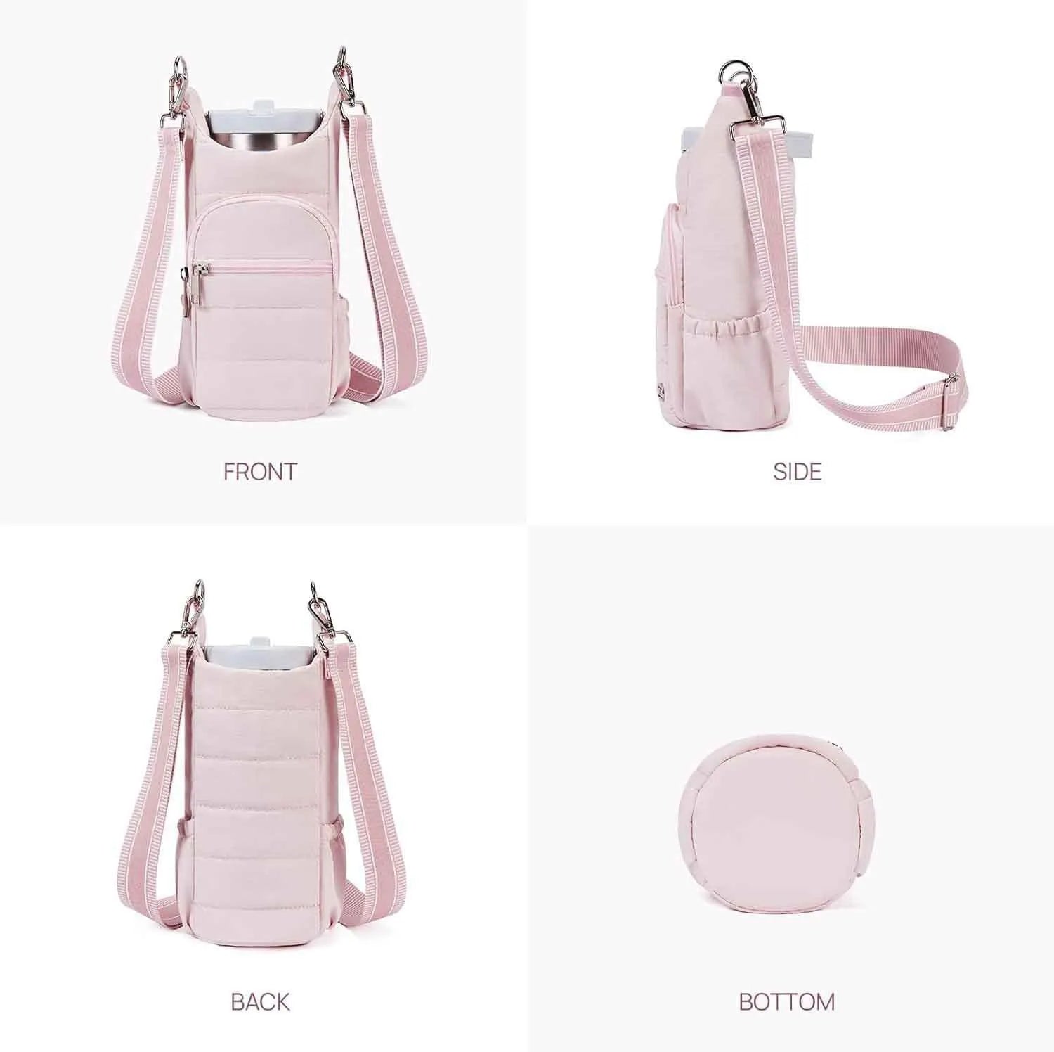 Cloth bicycle water bottle bag in beige, black, or pink colour on a bike frame.