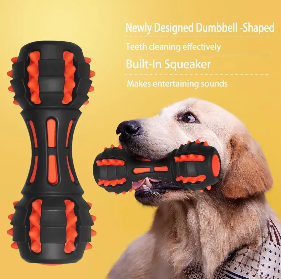 Red dumbbell-shaped dog chew toy with textured surface for medium and large breed dogs