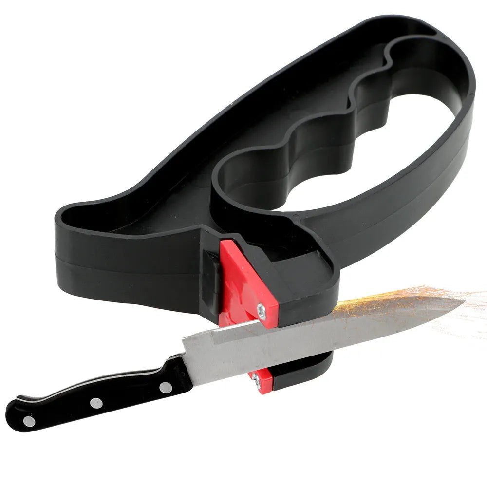 Black handheld knife and scissor sharpener with tungsten steel blade on white background