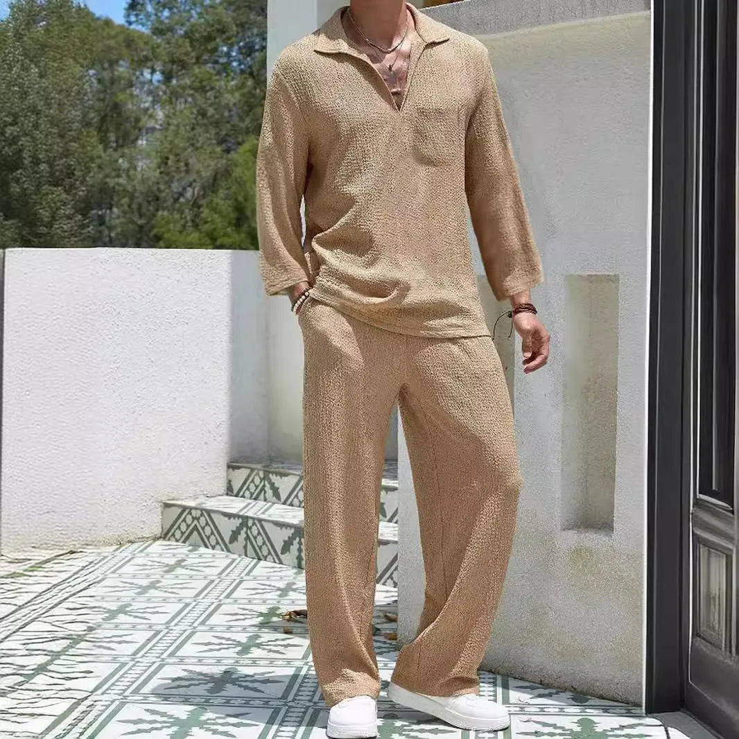 Men's casual polyester shirt and trousers set in lake blue colour