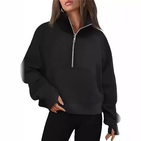 Women's loose lapel fleece-lined sweater in a solid colour showing raglan sleeve design.