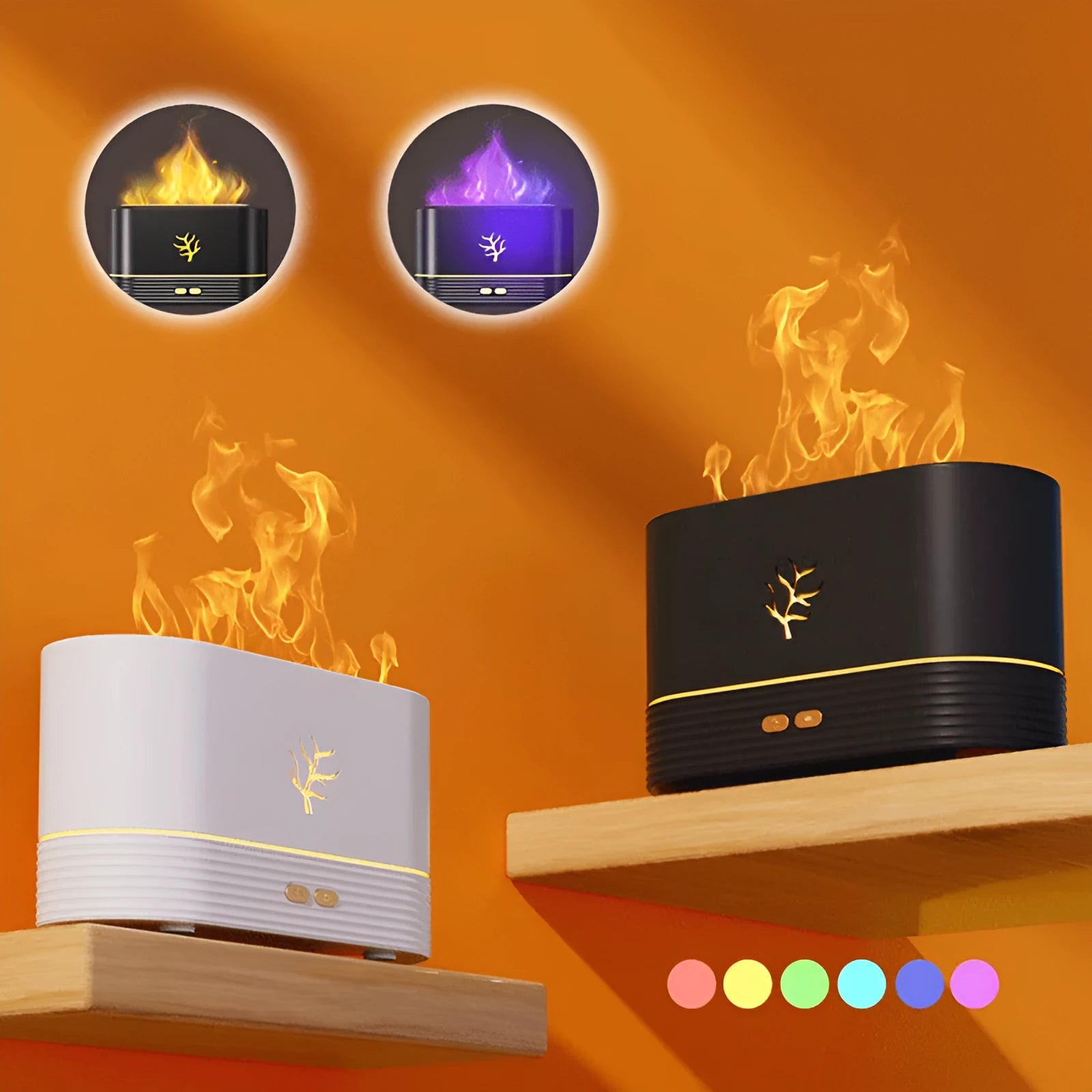 Square black or white USB flame humidifier with LED fire simulation and aromatherapy function