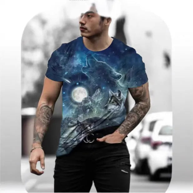 Men's grey t-shirt with a retro-style 3D lion graphic print on the front.
