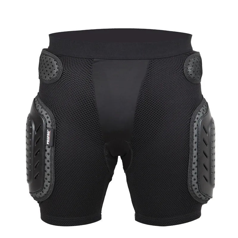 Black cycling hip protection pants with integrated padding available in S, M, L, XL sizes