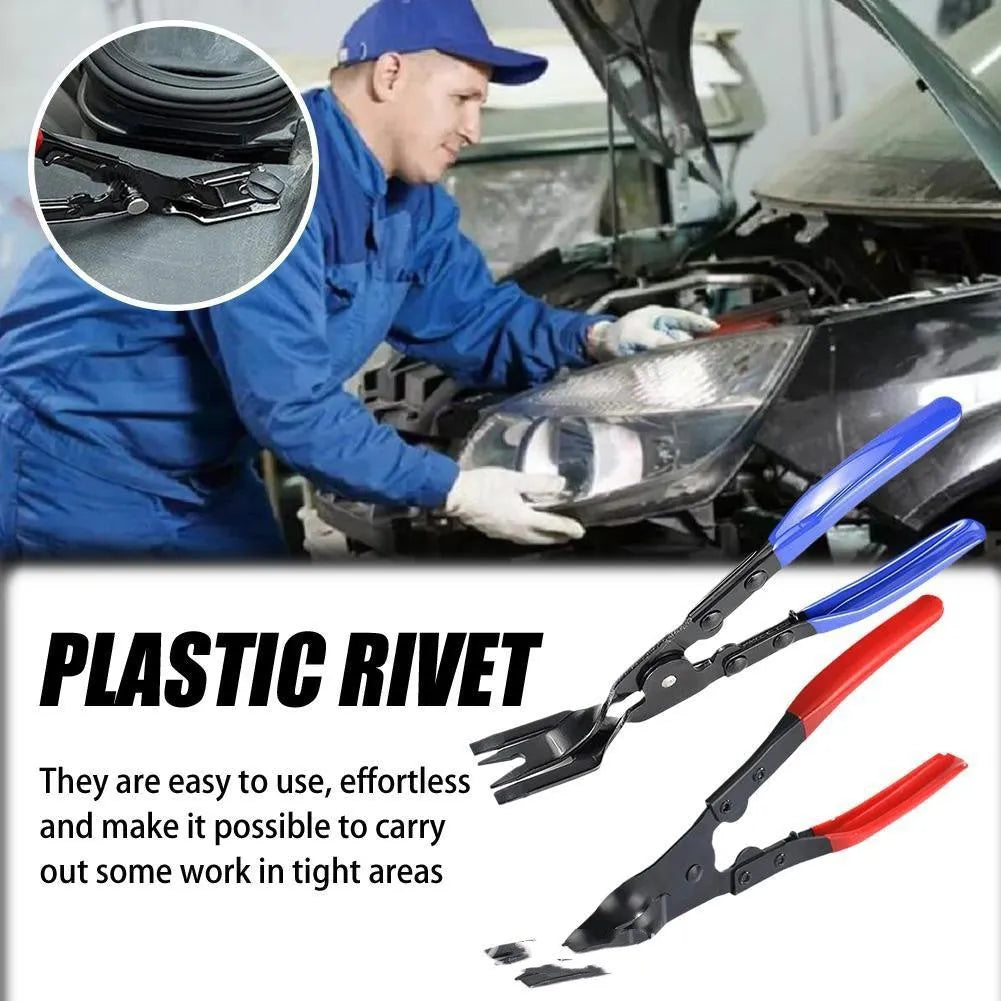 Blue steel car interior clamp removal pliers showing 235mm length and 32mm head dimensions