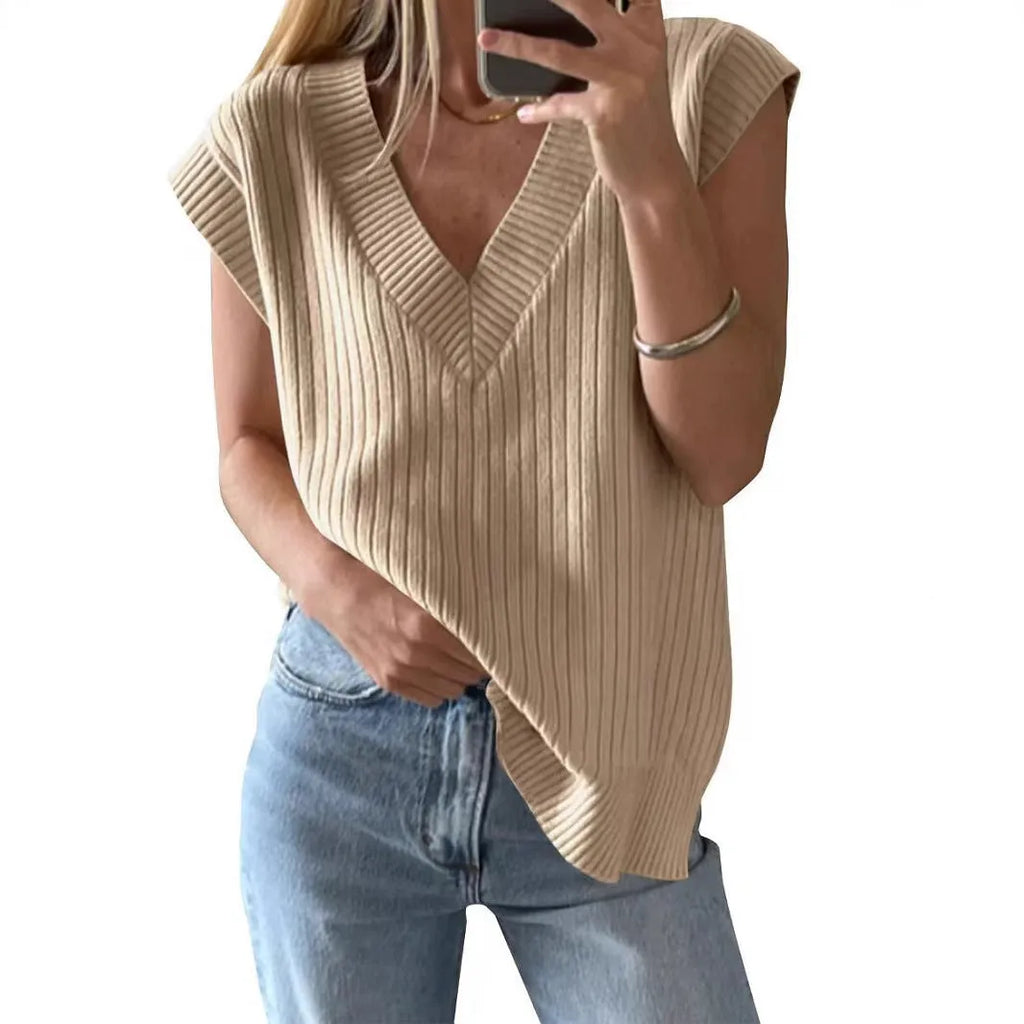 Sleeveless V-neck pullover vest in viscose fibre with striped pattern in camel colour