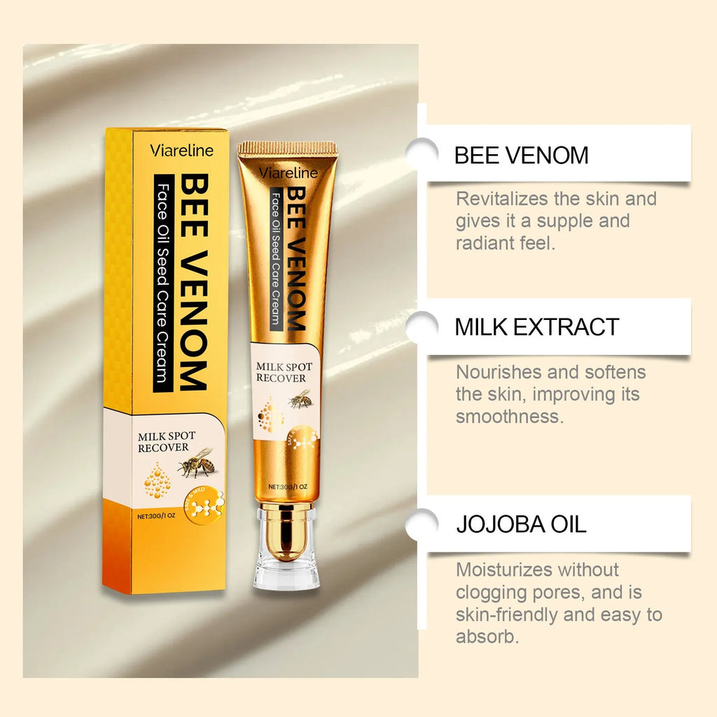 30g container of hydrating facial and neck care cream with bee venom and milk extract.