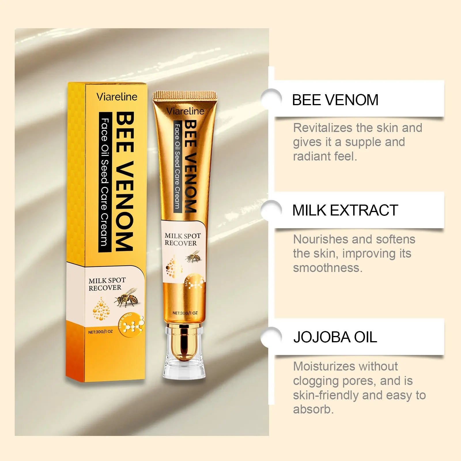 30g container of hydrating facial and neck care cream with bee venom and milk extract.