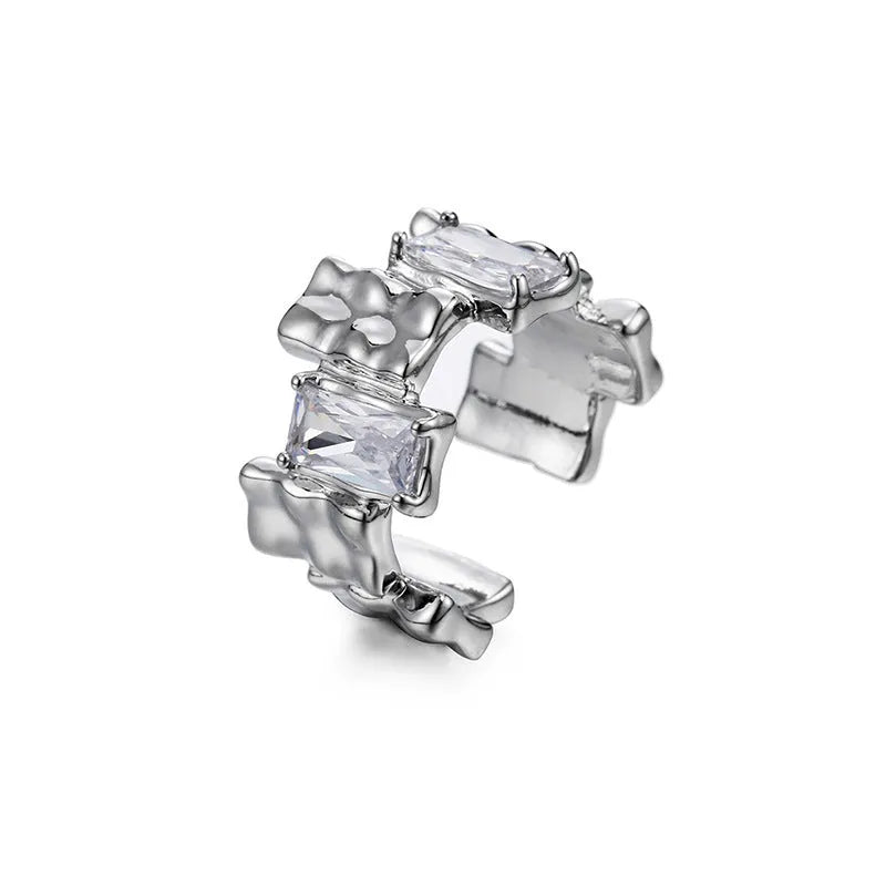 Silver geometric open ring with zircon stone setting and three-dimensional decoration