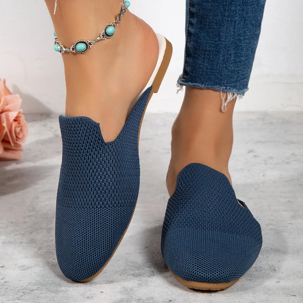 Apricot, blue, and green mesh slip-on sandals with a round toe and flat rubber sole.
