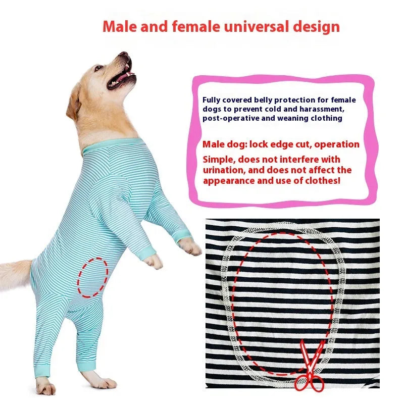 Thin striped polyester dog shirt for golden retrievers and labradors in four-legged design