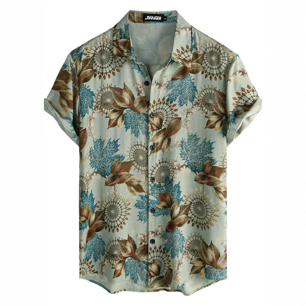 Hawaiian floral print lapel short sleeve shirt in cardigan style.