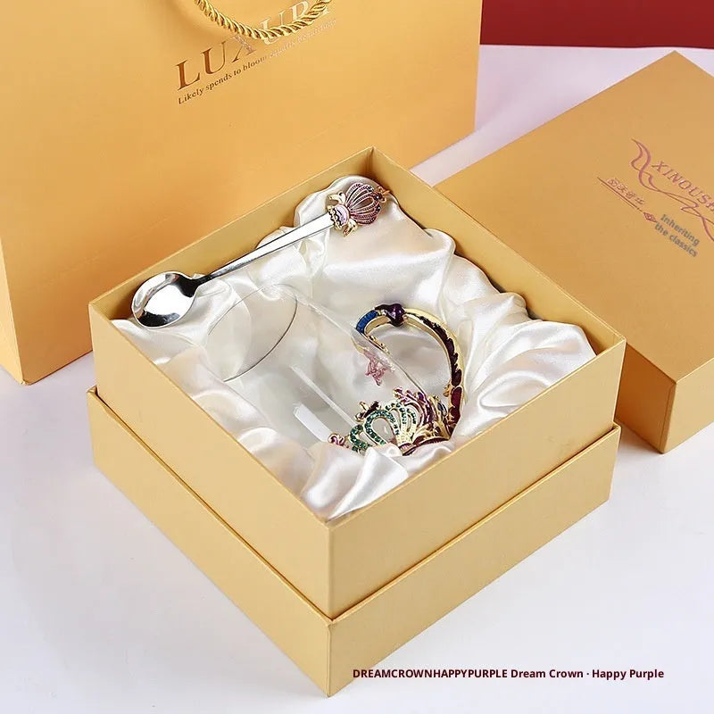 Household enamel cup crown flower tea cup set with heat-resistant glass cup, spoon, lid, and plate, round shape, 301-400ml
