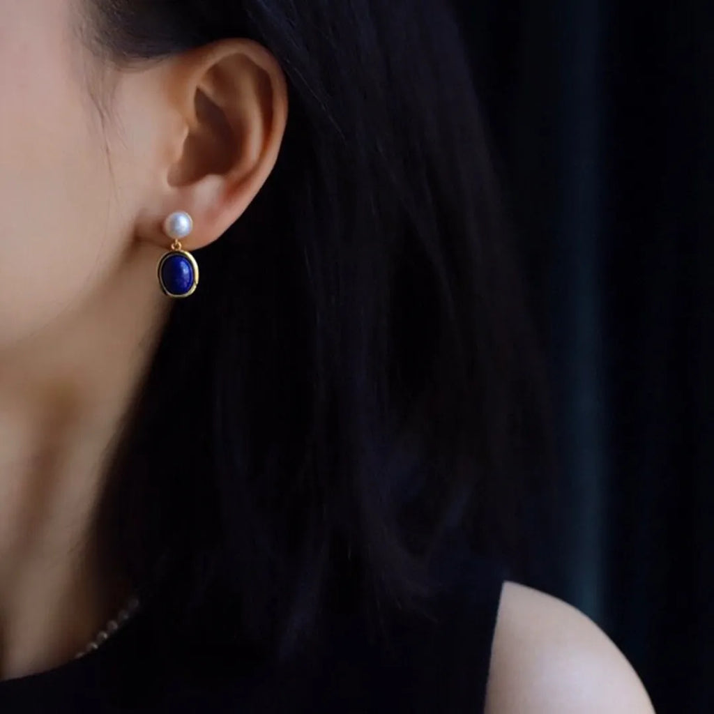 Natural lapis lazuli pearl earrings in 925 Sterling Silver with auspicious patterns