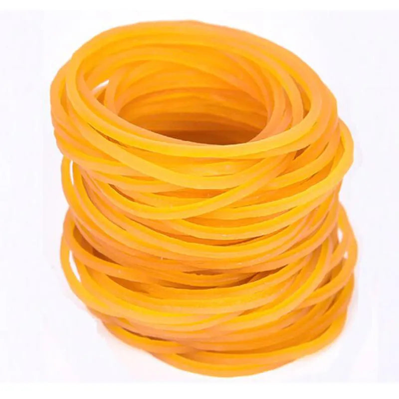 Yellow rubber bands in mixed sizes from 25mm to 70mm diameter in a 500g bulk pack