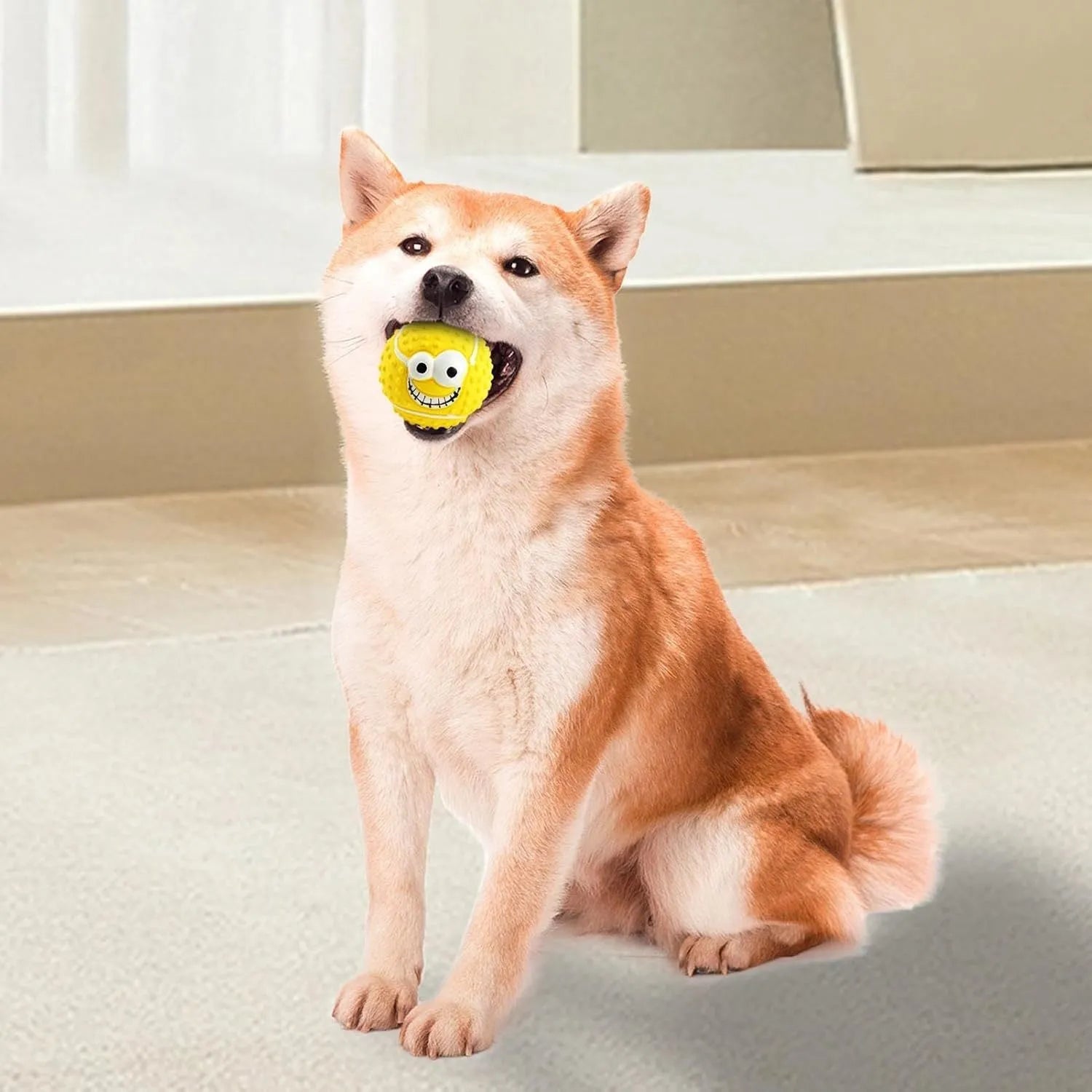 Green latex dog ball with smile face and squeaker for small dogs