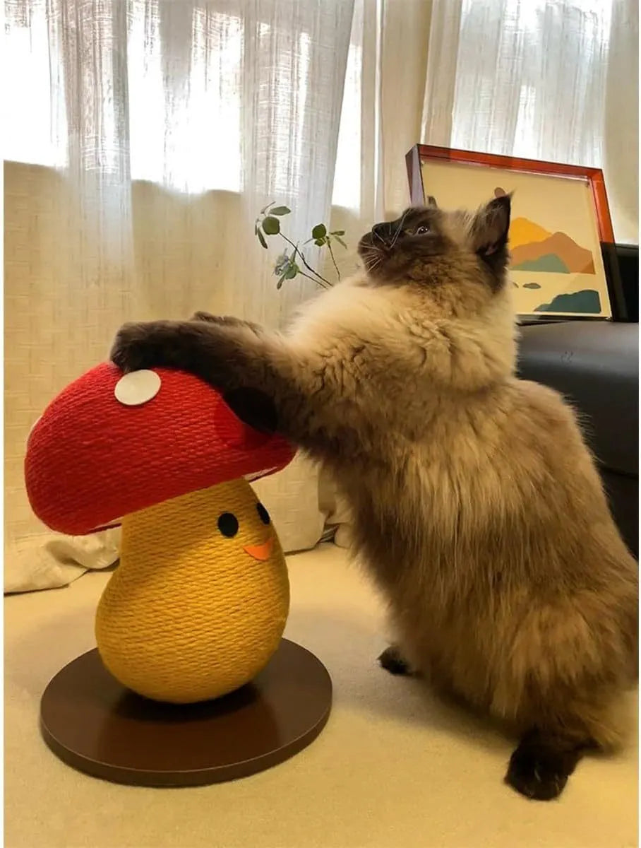Foldable mushroom-shaped cardboard cat scratcher and lounge pad on a carpet