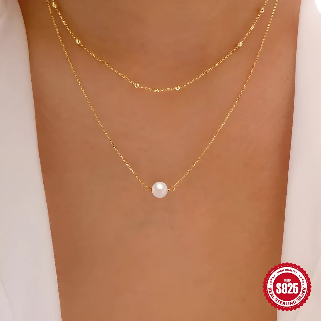 S925 sterling silver double layer twin pearl necklace with geometric design in gold colour