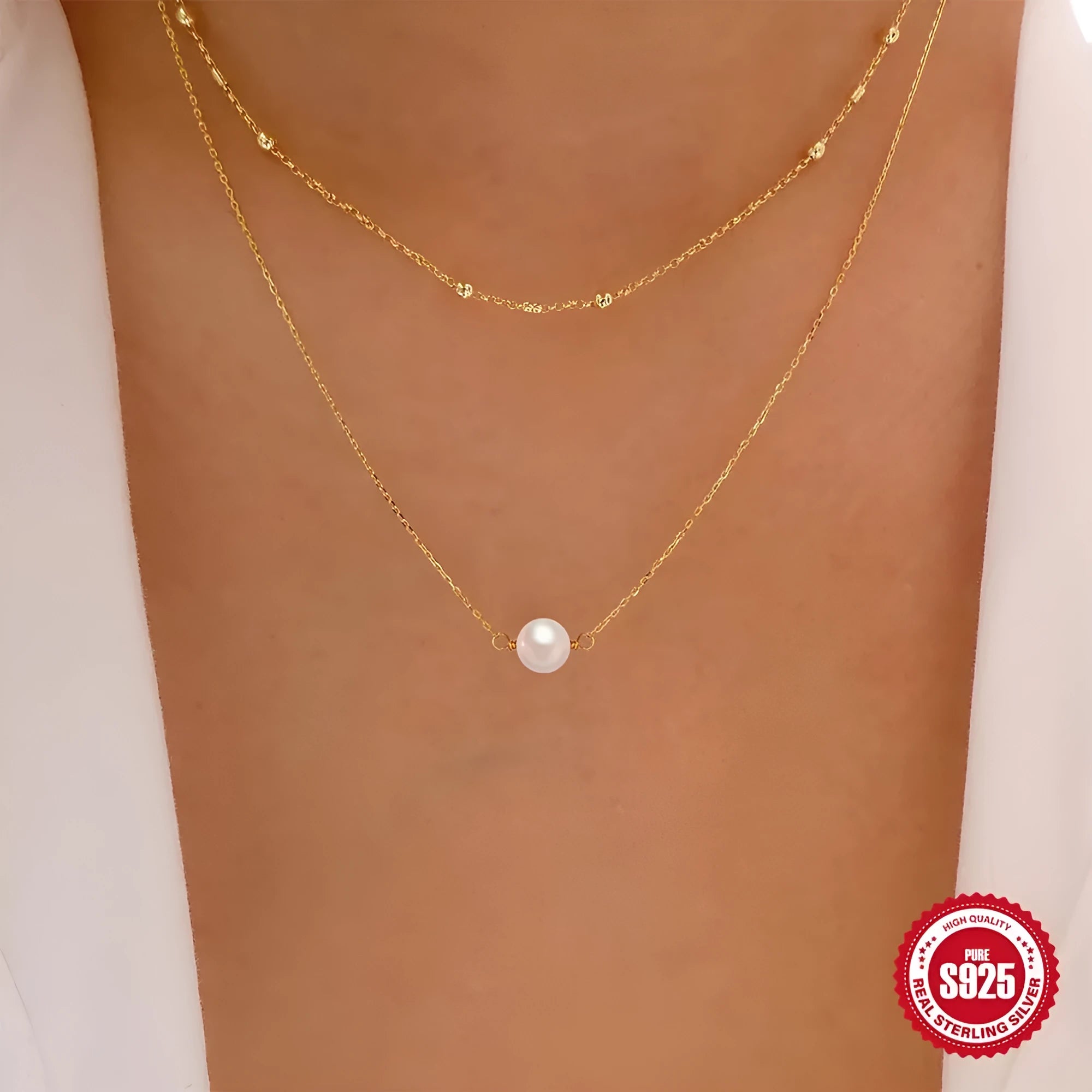 S925 sterling silver double layer twin pearl necklace with geometric design in gold colour