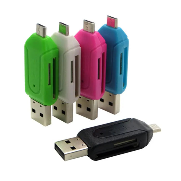 White OTG dual-purpose card reader with micro USB connector for Android phones and computers, supporting SD and TF memory cards.
