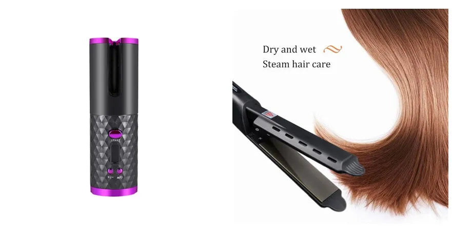 White portable mini curling iron with USB charging port and gold ceramic barrel.
