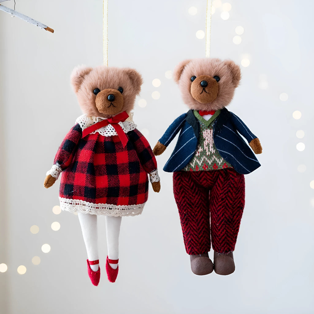 Princess and gentleman plush bear doll couple in cotton suit and plaid cloth
