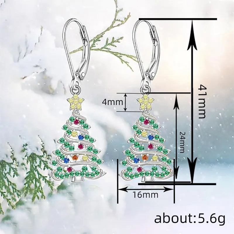 White gold colour Christmas tree earrings with star design elements for women
