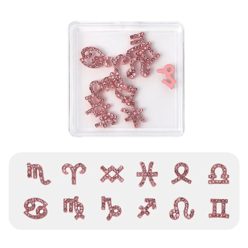 12 Constellation Nail Art Accessories set of metal alloy Princess Series decals with letters pattern in gold tone